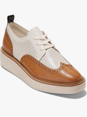 Cole Haan Two-Tone Perforated Wingtip Platform Oxford in White and Tan